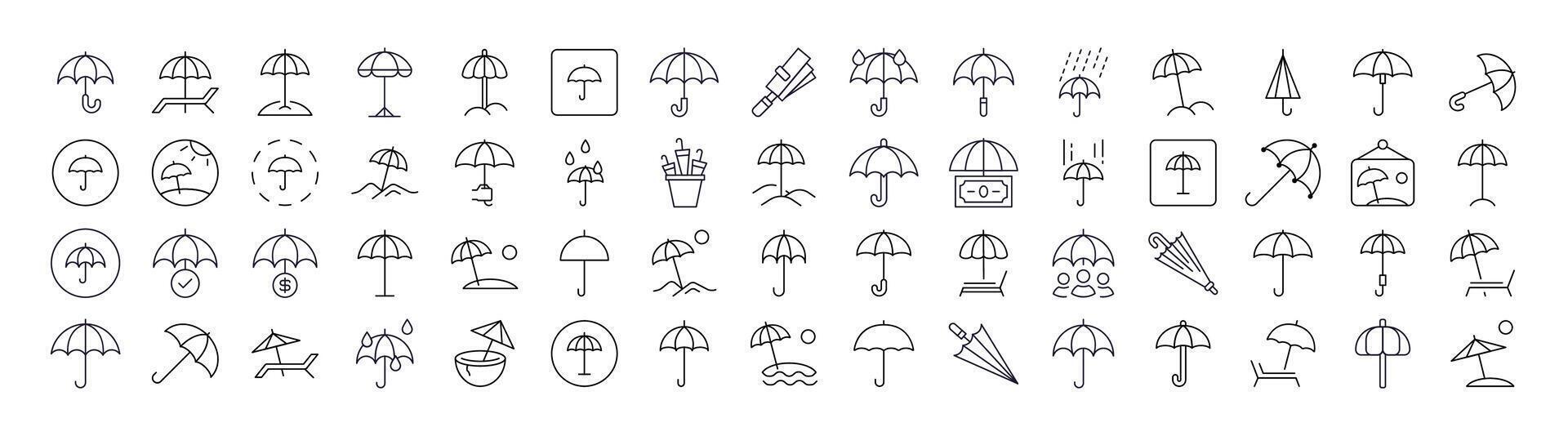 Umbrella Line Icon Collection. Outline Signs for Graphic and Web Design, Apps, Adverts, Various Cards vector