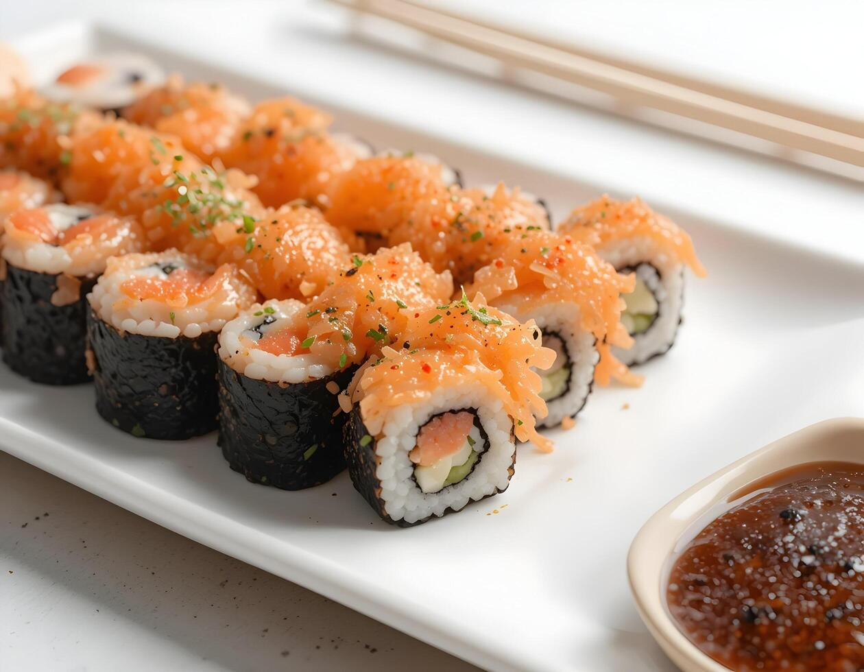 Serving Sushi Rolls with Salmon and Seaweed on a Plate photo
