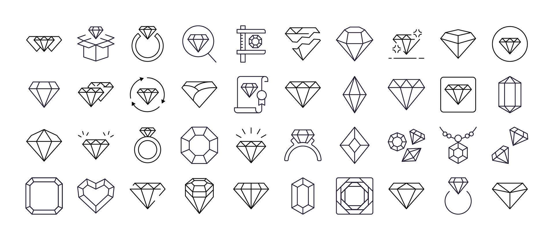 Pack of Jewelry Related Line Icons. Diamond and Gem Outline Signs for Graphic and Web Design, Apps, Adverts, Various Cards vector