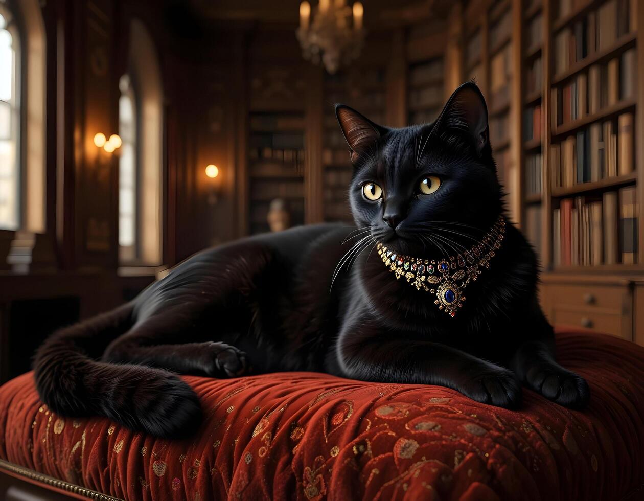 Black Cat Wearing Necklace Lying on Red Pillow in Room photo