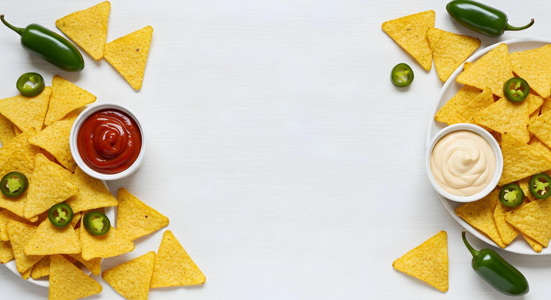 Serving Nachos with Sauce and Peppers on White Table photo