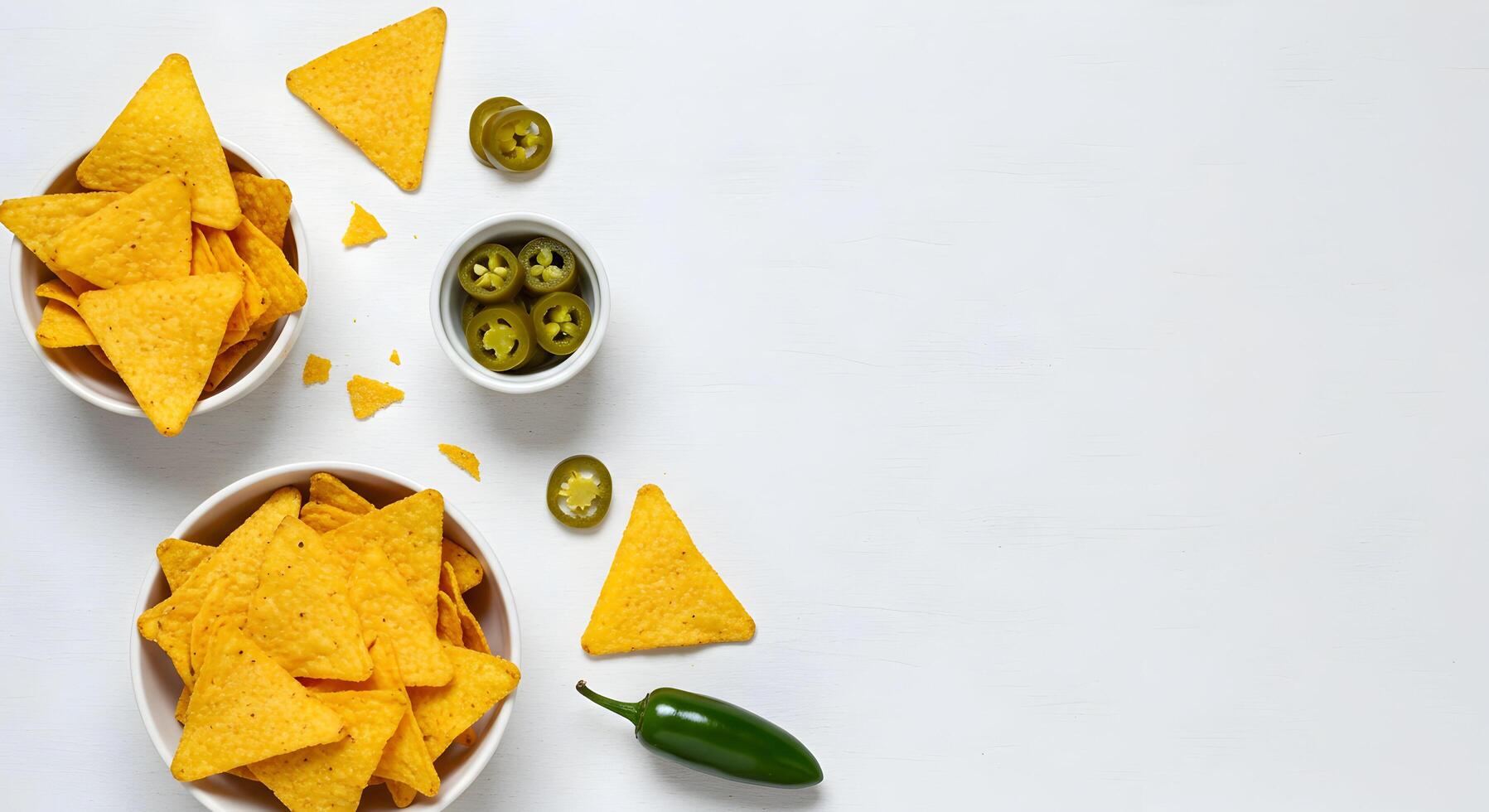 Tortilla Chips and Jalapenos on White Surface Flat Lay photo