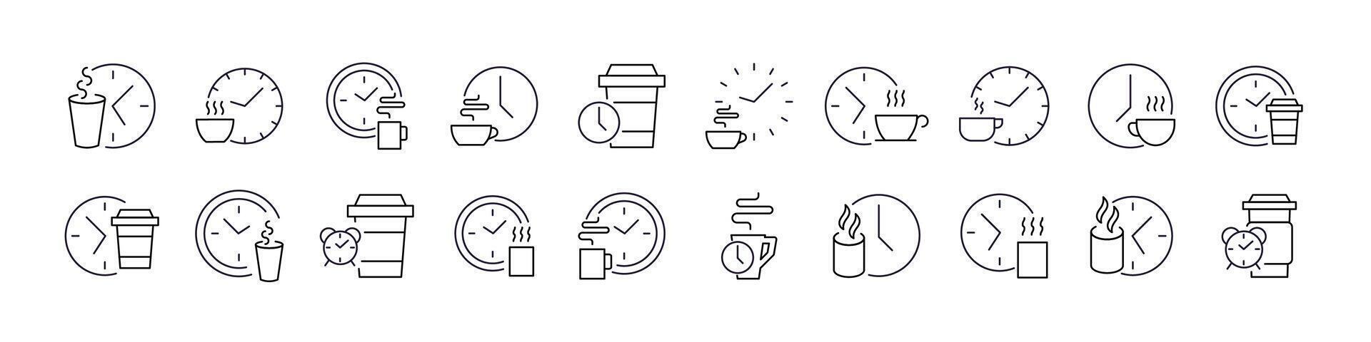 Collection of Coffee Break Related Line Icons. Coffee and Clock Outline Signs for Graphic and Web Design, Apps, Adverts, Various Cards vector
