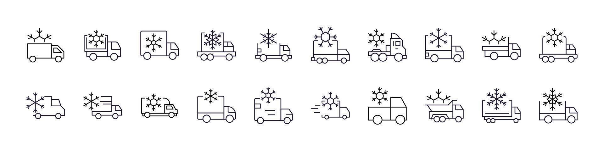 Pack of Delivery Truck with Snow Related Line Icons. Outline Signs for Graphic and Web Design, Apps, Adverts, Various Cards vector