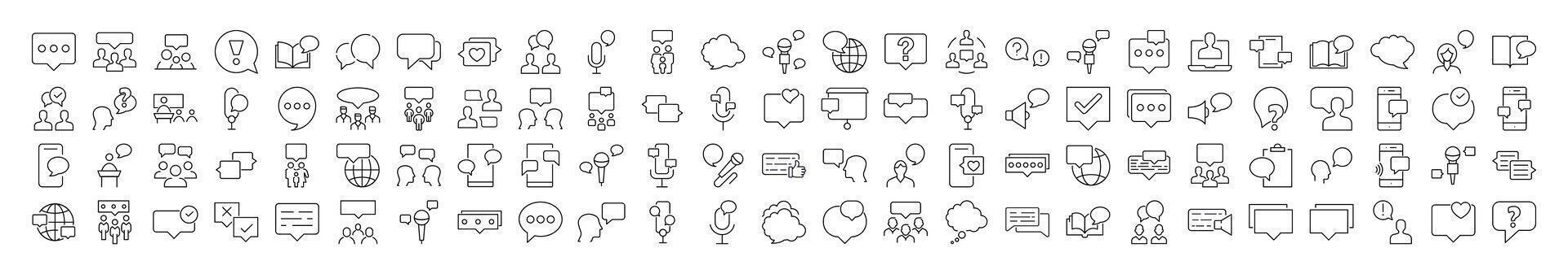 Talking and Dialogue Line Icon Set. Speech Bubble Outline Signs for Graphic and Web Design, Apps, Adverts, Various Cards vector