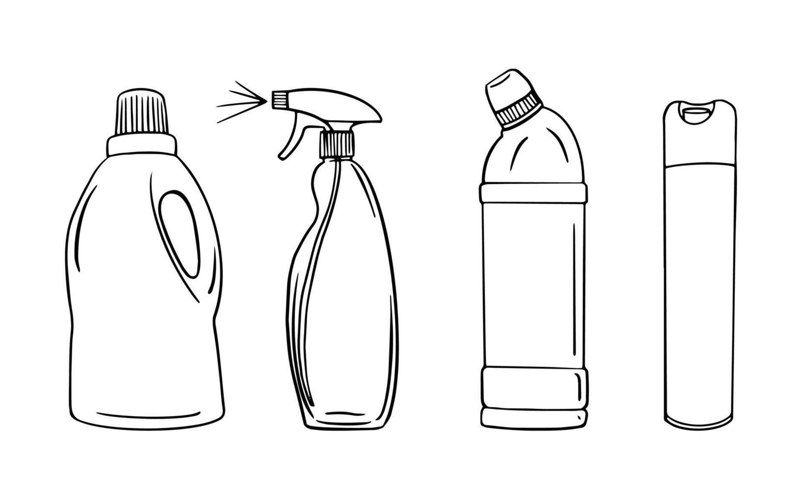 four cleaning bottles detergent, spray, bleach, and air freshener. Used for surfaces, laundry, disinfection, and deodorizing. Black and white doodle isolated illustration vector
