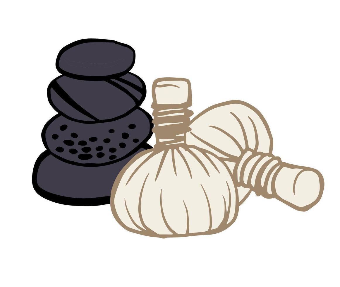Stacked hot stones and herbal compress balls illustration. Ideal for spa branding, massage therapy, wellness packaging, digital or print designs. vector