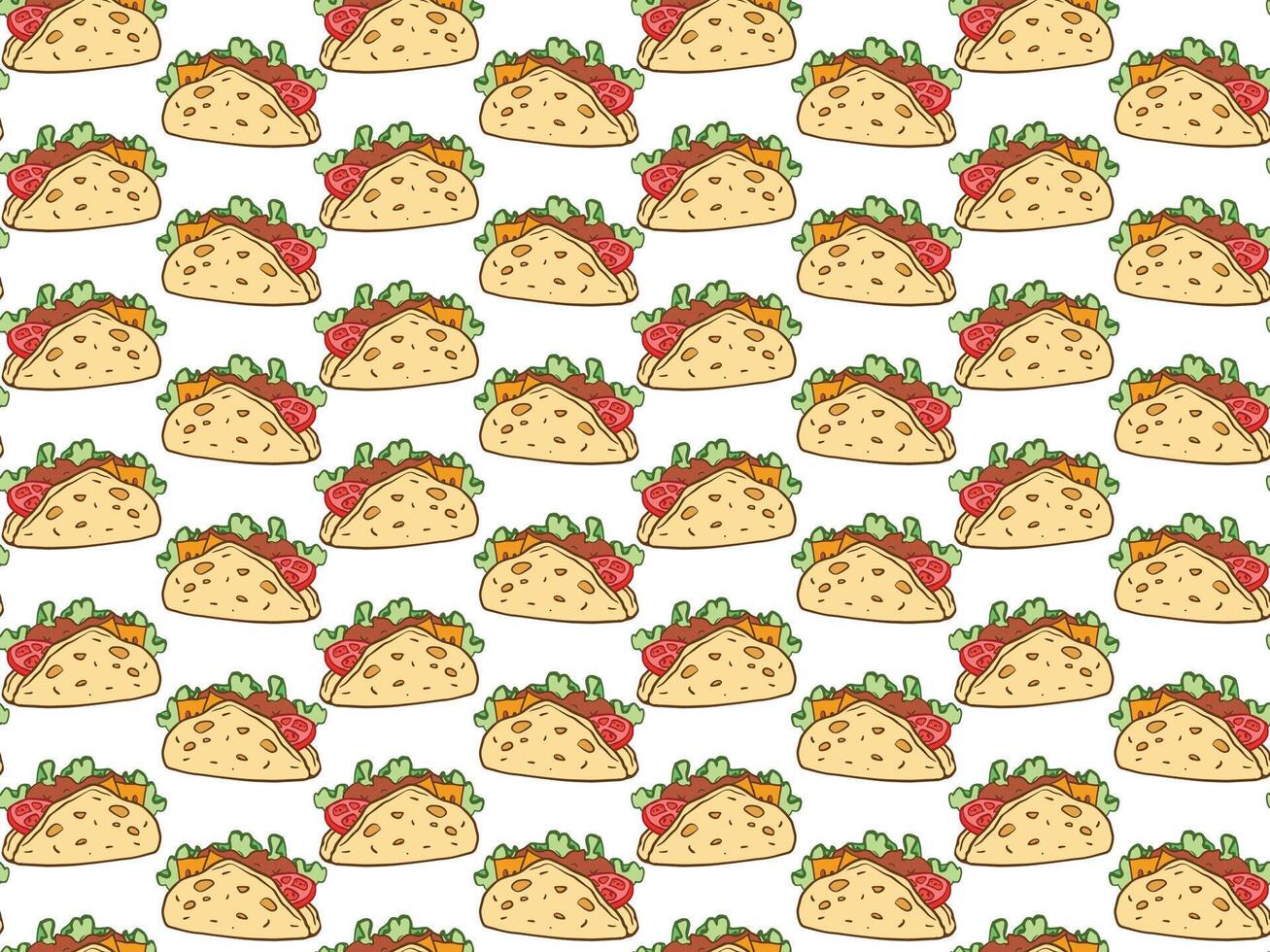 taco seamless pattern, traditional mexican food background, fast food texture with corn tortilla, tomatoes, onion and fresh salad for cafe menu design, price list, voucher, wrapping paper vector