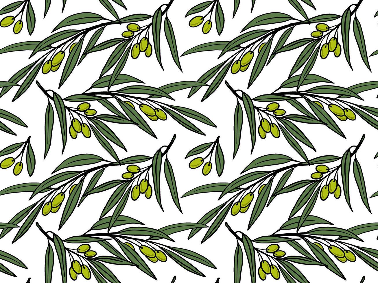 Seamless pattern featuring olive branches with berries and leaves. Flat design ideal for organic cosmetics, soap packaging, olive oil labels, wallpapers, textiles, wrapping paper, and scrapbooking. vector