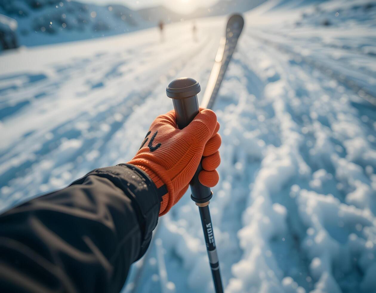 Skiing Pov with Hand Holding Pole on Snowy Mountain Slope photo