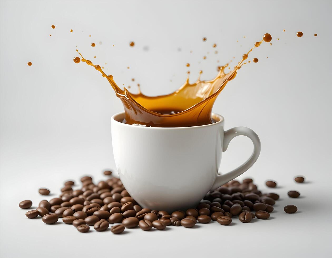 Coffee Splashing From White Cup with Roasted Beans photo