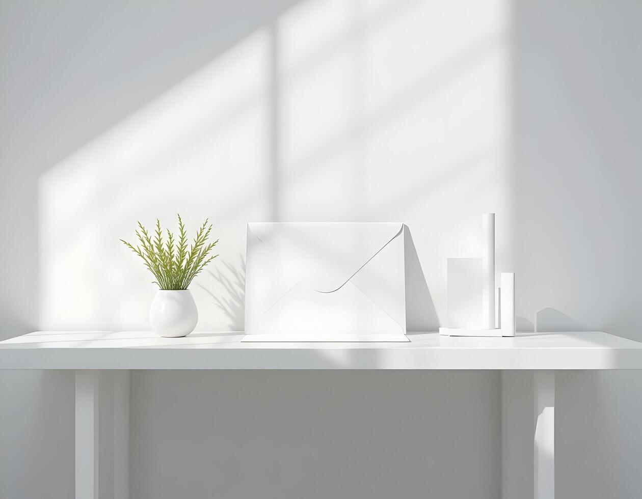 White Envelope and Decorative Objects on White Table photo