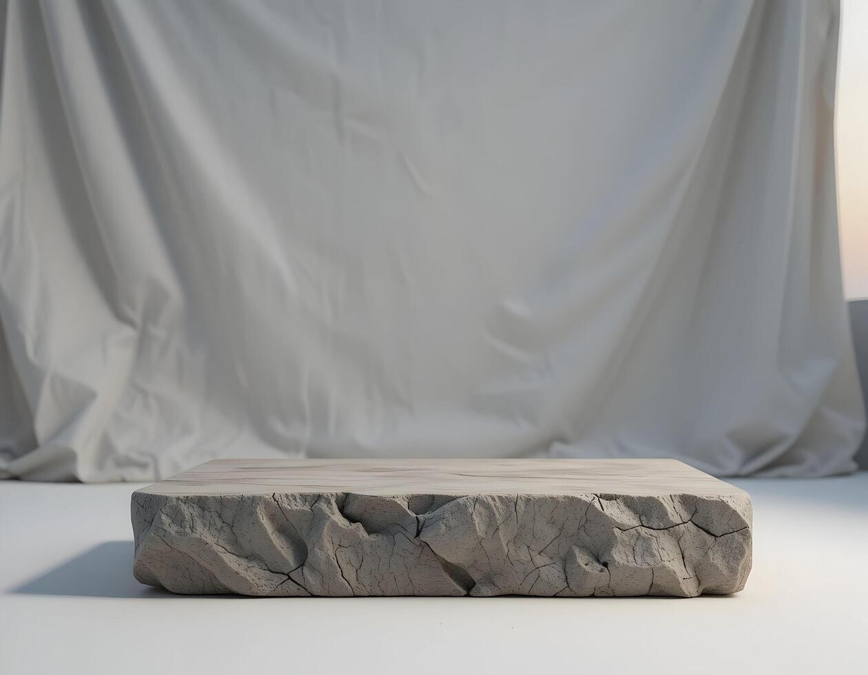 Concrete Display Platform with Draped Fabric Backdrop photo