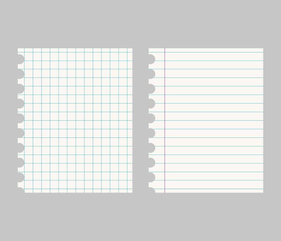 Set of realistic illustrations of a torn sheet of paper from a workbook with shadow, isolated on a gray background vector