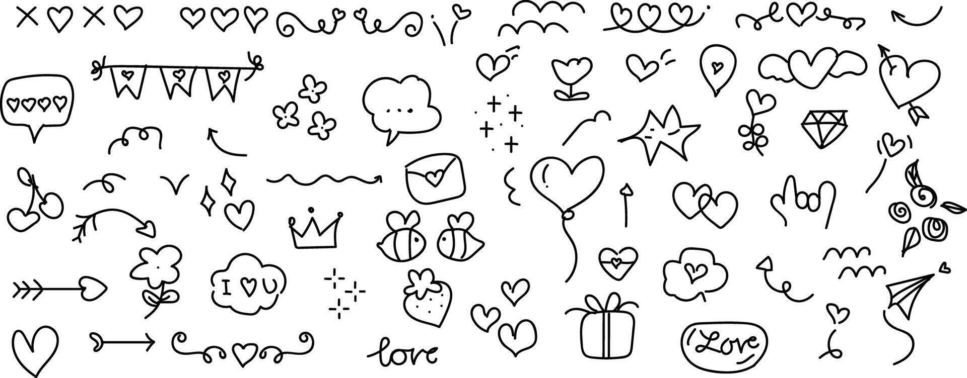 Vectors of Valentine's Day doodle elemen Hand drawn doodle style collection of heart shaped, lips, arrows, flower, gift, cherry, rose, love letter. Create a cartoon, card, sticker, decoration, or prin