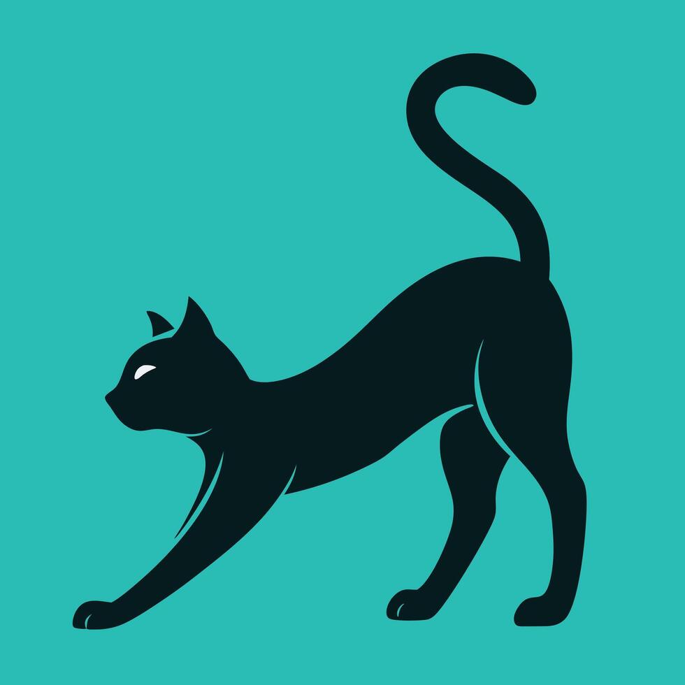 Black cat stretching silhouette on teal background vector