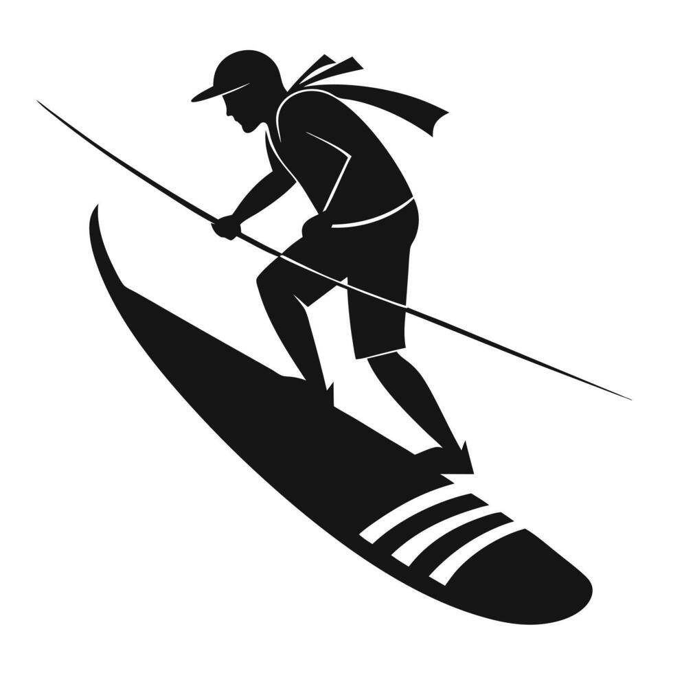 Paddleboarder silhouette surfing on white background vector