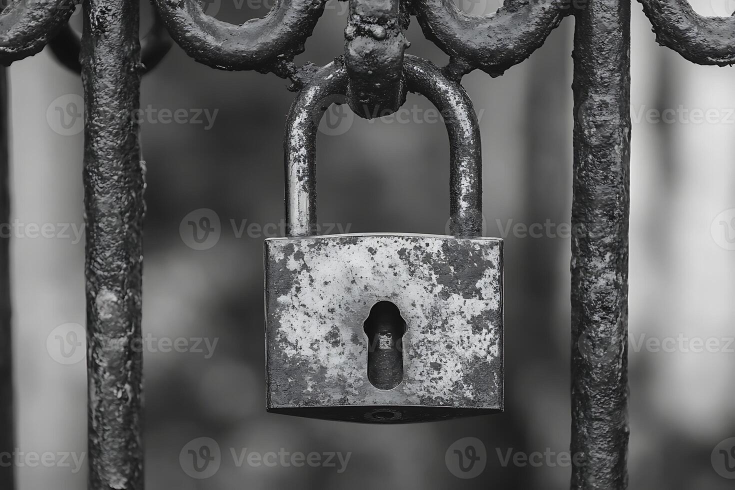 A black and white photo of a padlock on a metal