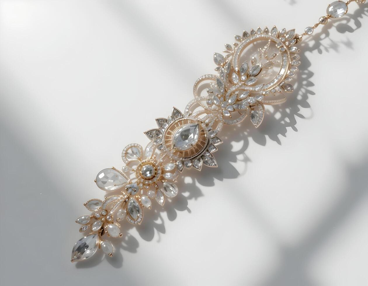 Ornamental Jewelry with Gems on White Surface in Soft Light photo