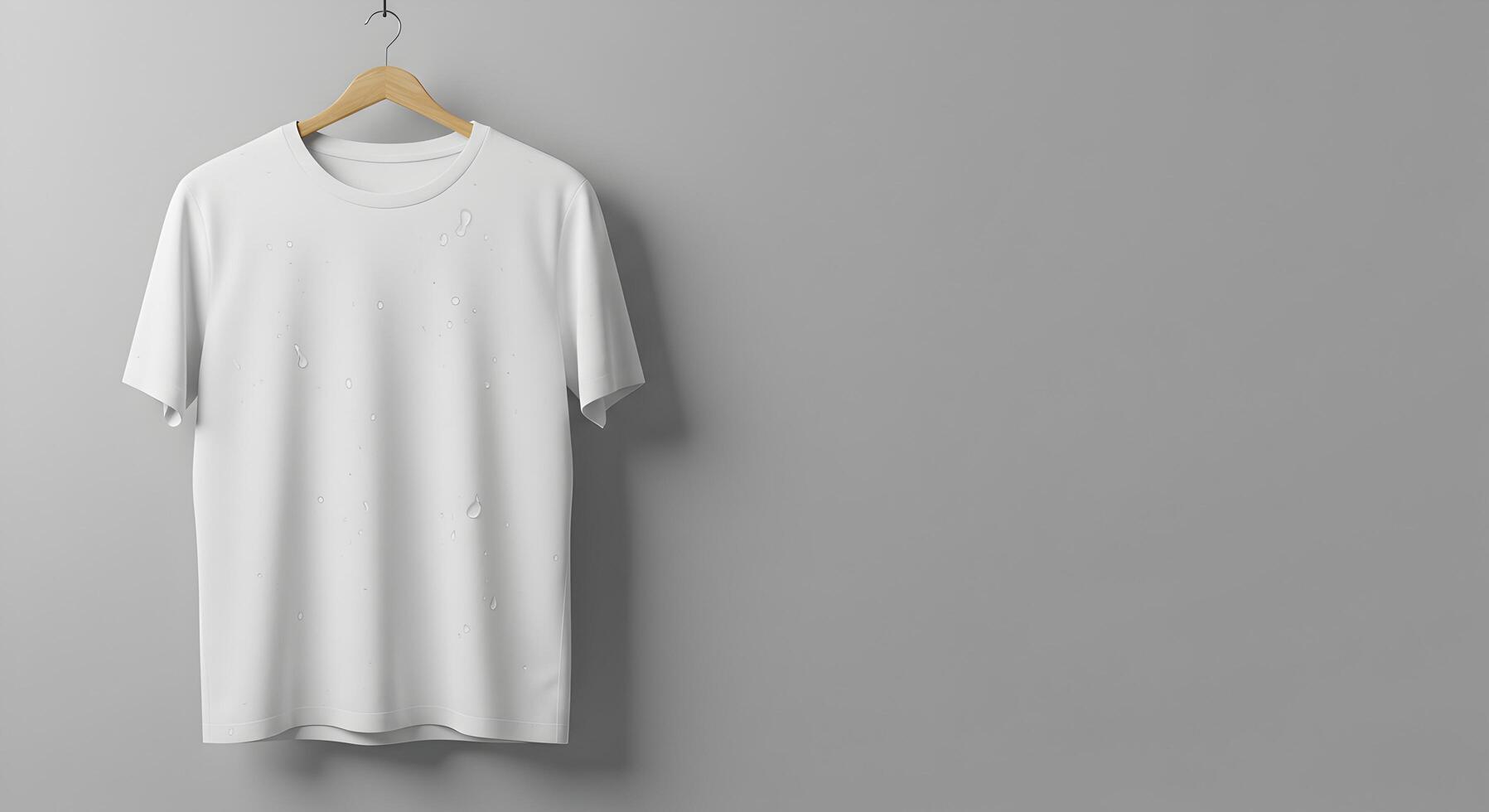 White T-shirt Hanging on Wooden Hanger Against Grey Wall photo