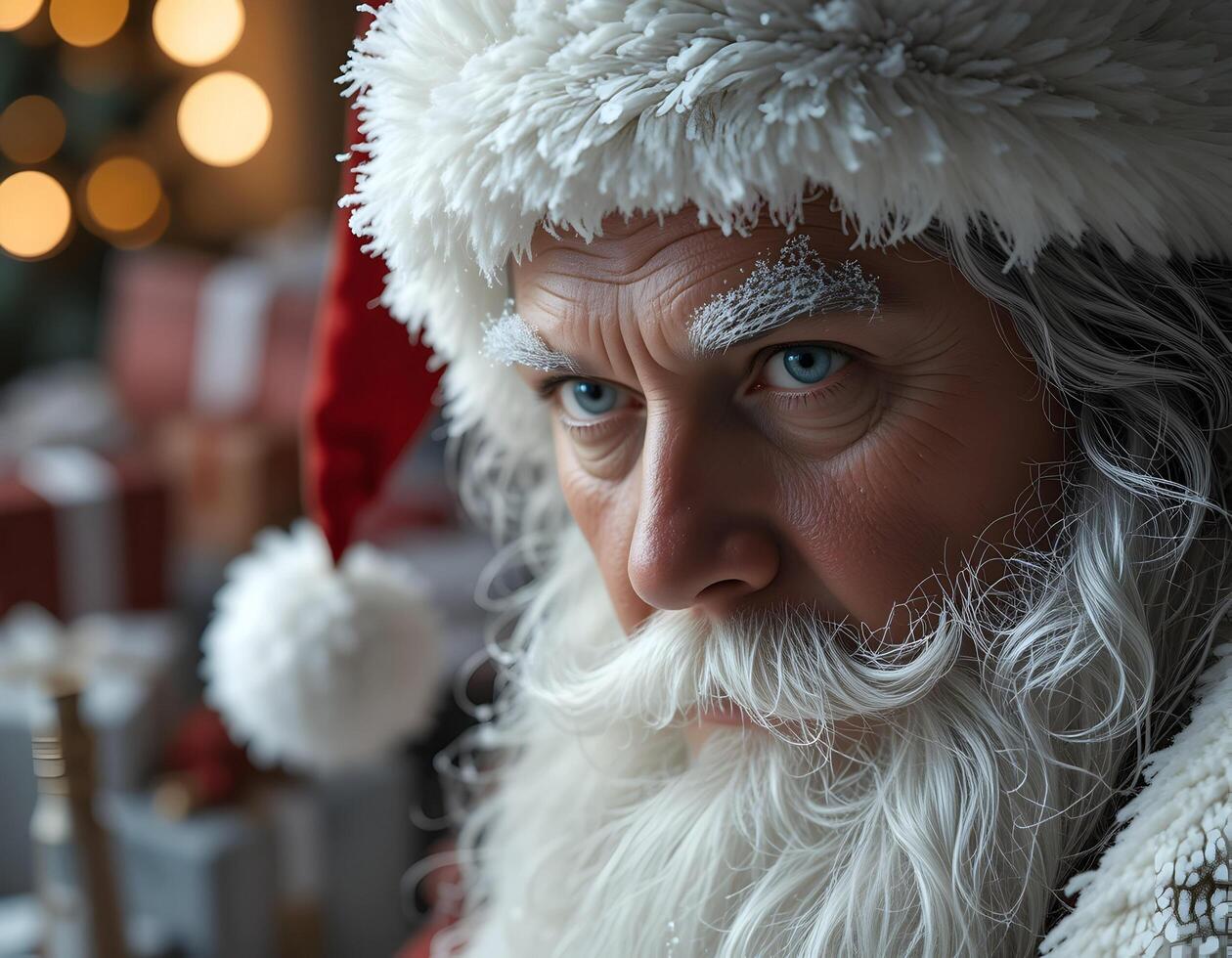 Serious Man with White Beard in Winter Attire Close Up Portrait photo