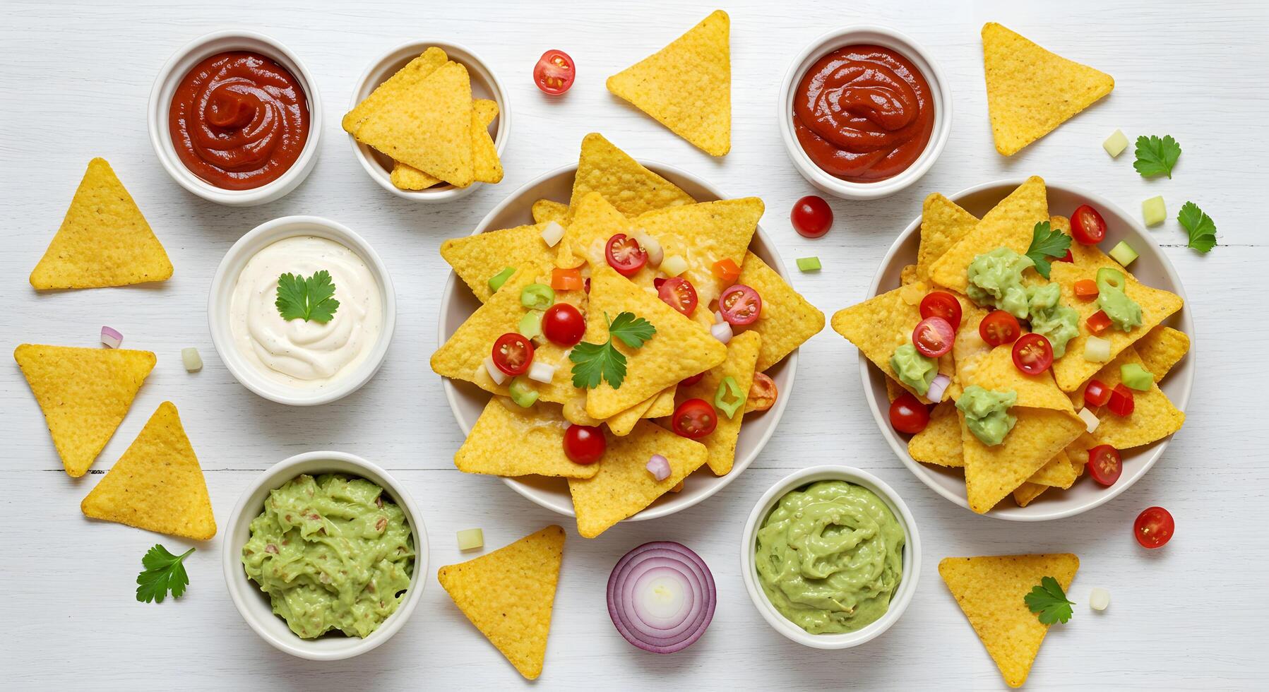 Serving Nachos with Various Sauces and Toppings on Table photo