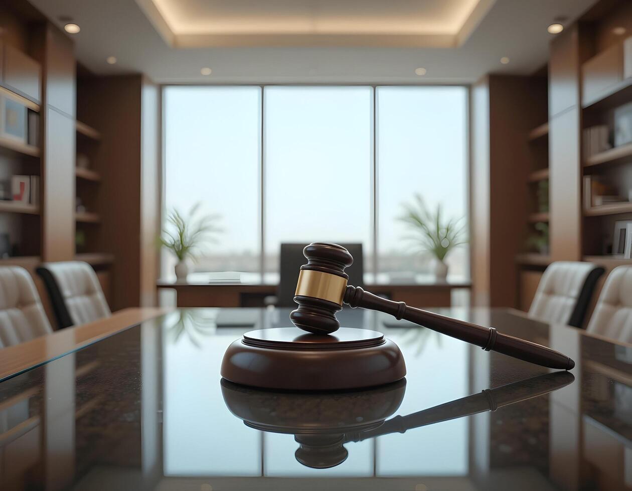 Gavel on Table in Professional Office Setting with Reflection photo