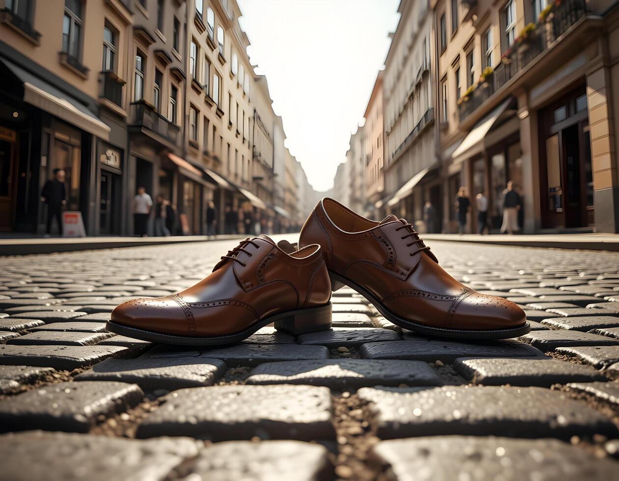 Brown Leather Shoes on Cobblestone Street in City photo