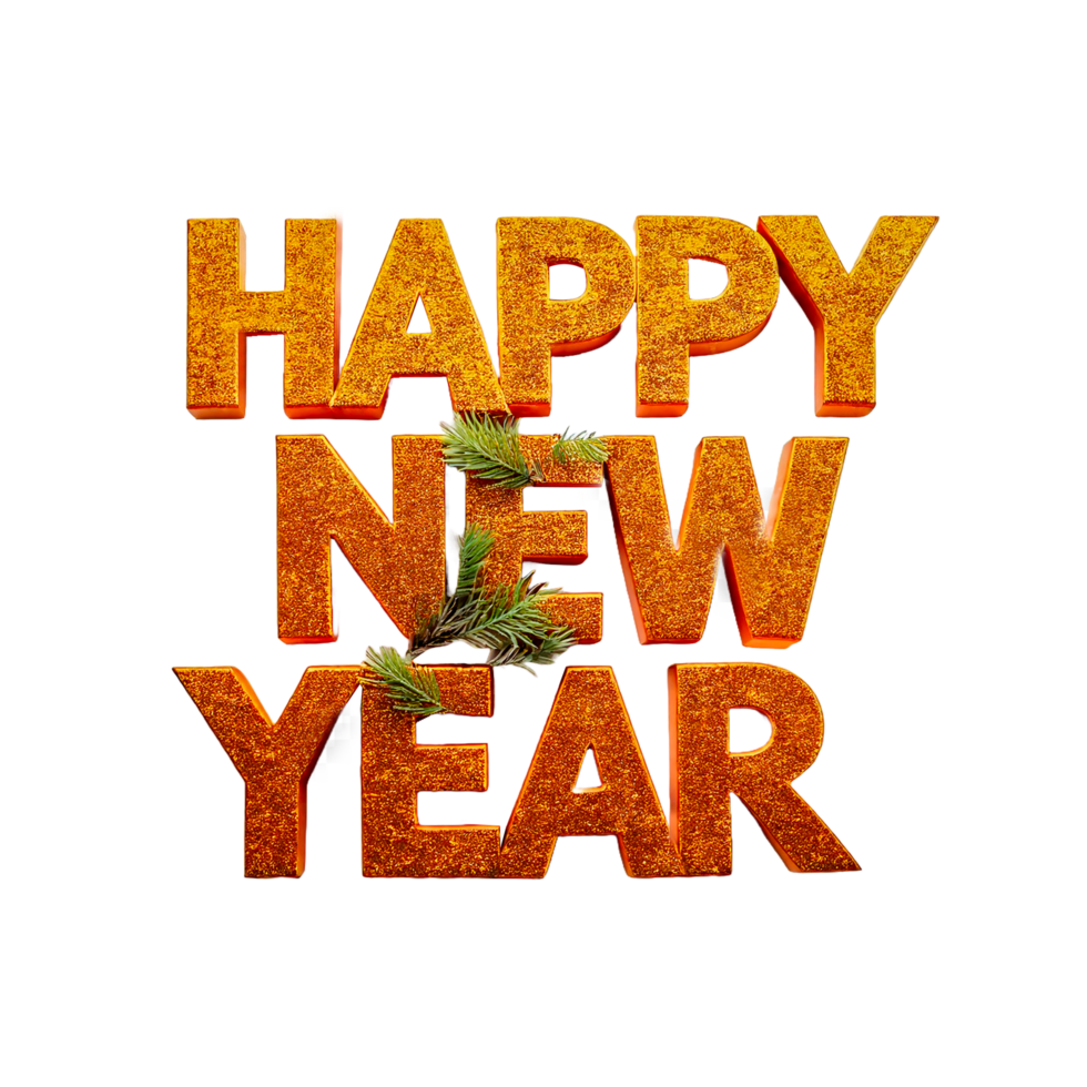 Golden Happy New Year Text with Pine Sprig png
