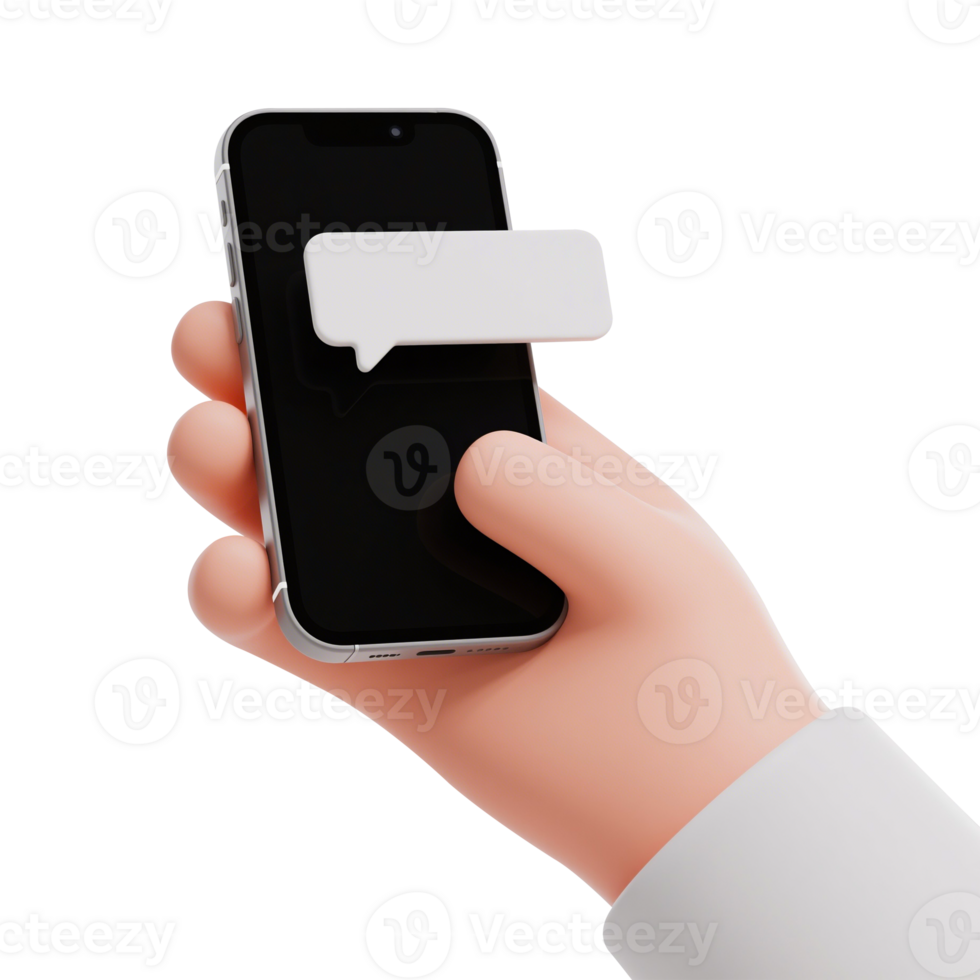 Hand holding a smartphone with a text message bubble. png