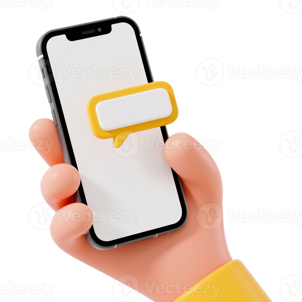 3D Cartoon Hand Holding a Smartphone with a Message Bubble png