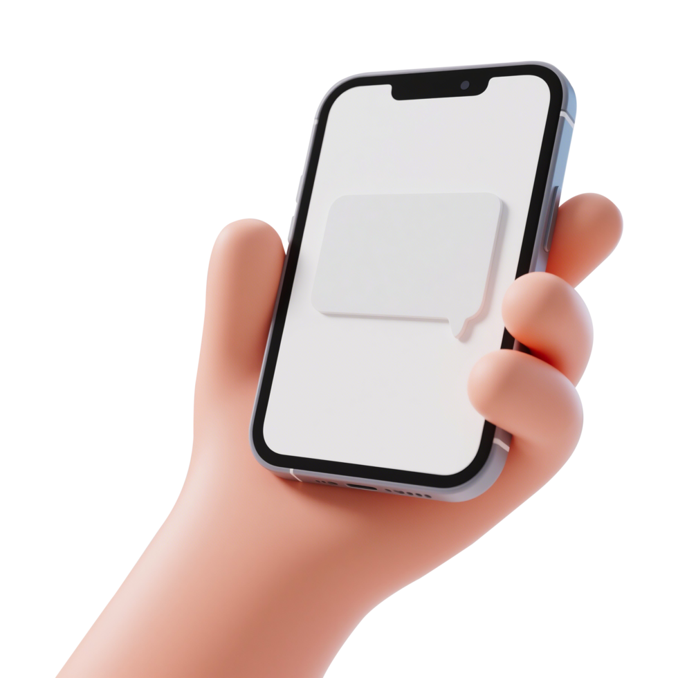 3D Cartoon Hand Holding Smartphone with Chat Bubble png