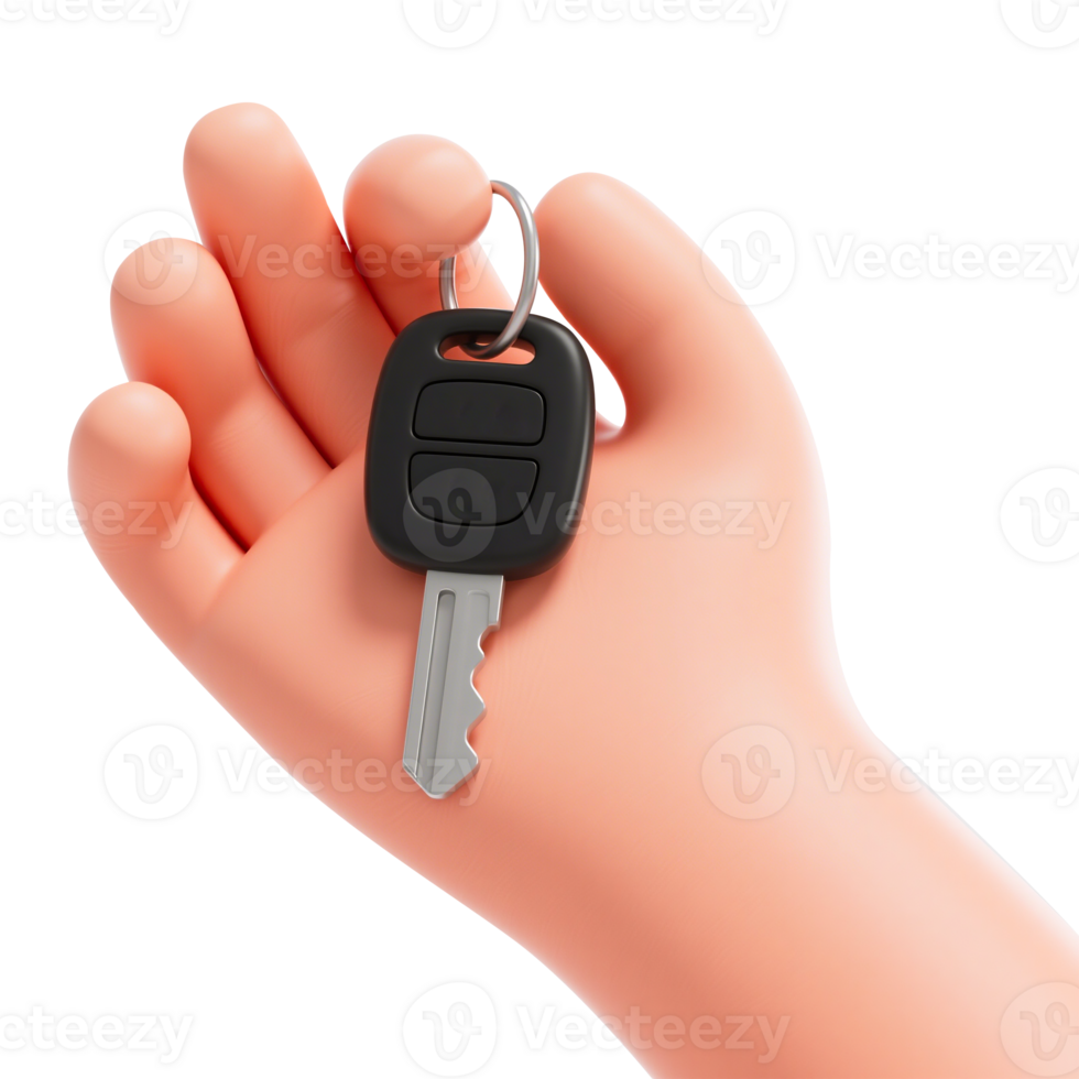 Hand holding a car key in 3D cartoon style png