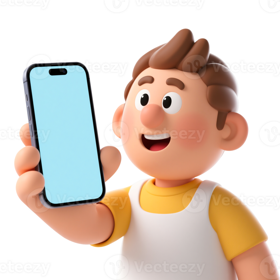 Cheerful 3D Cartoon Boy Holding a Smartphone png