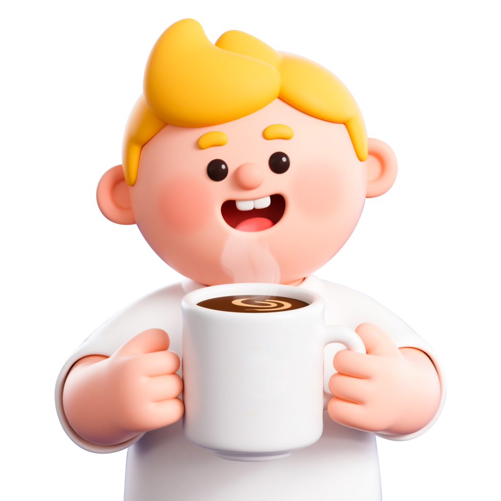 Cartoon boy enjoying a warm cup of coffee in the morning png