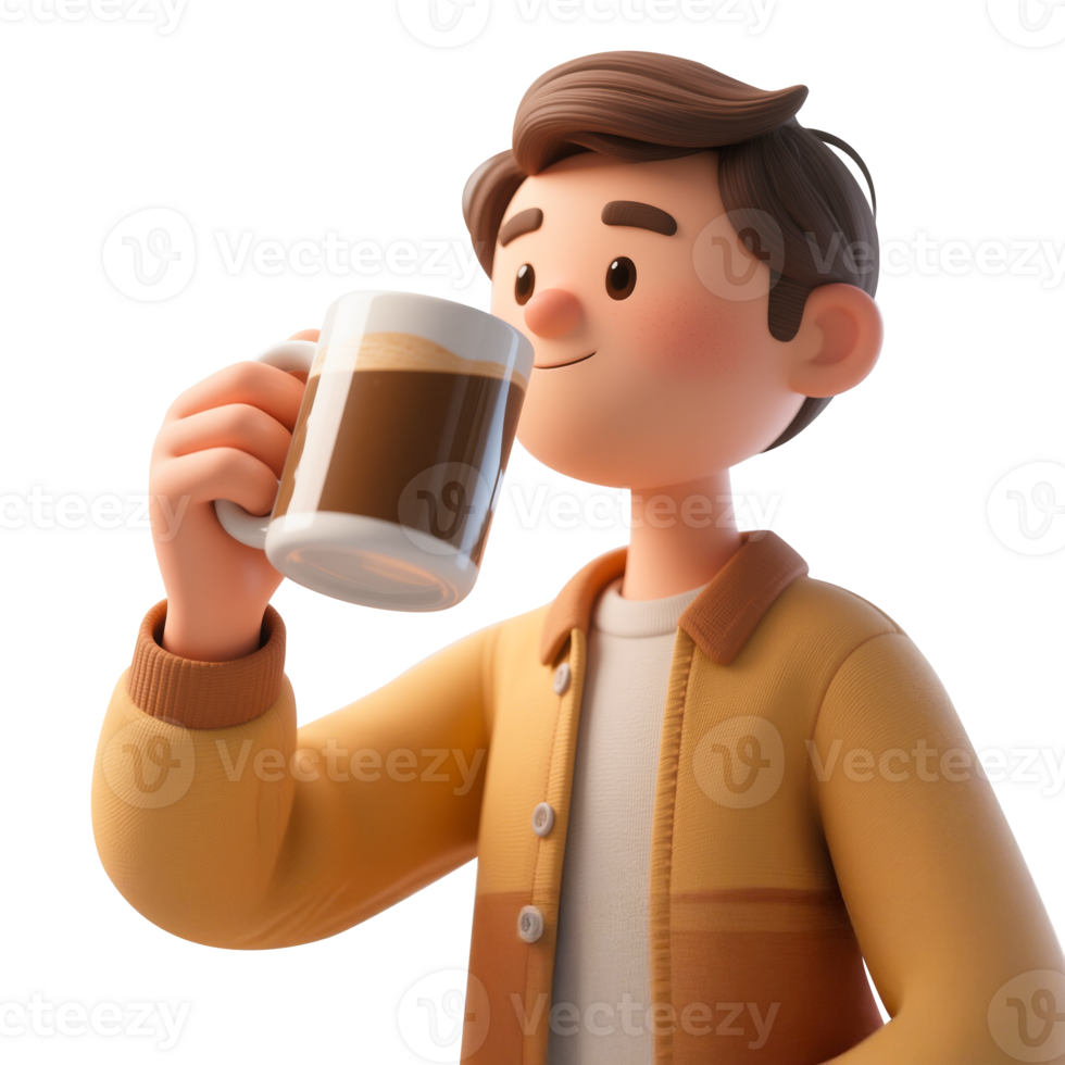 Man enjoying coffee in the morning, 3D cartoon illustration png