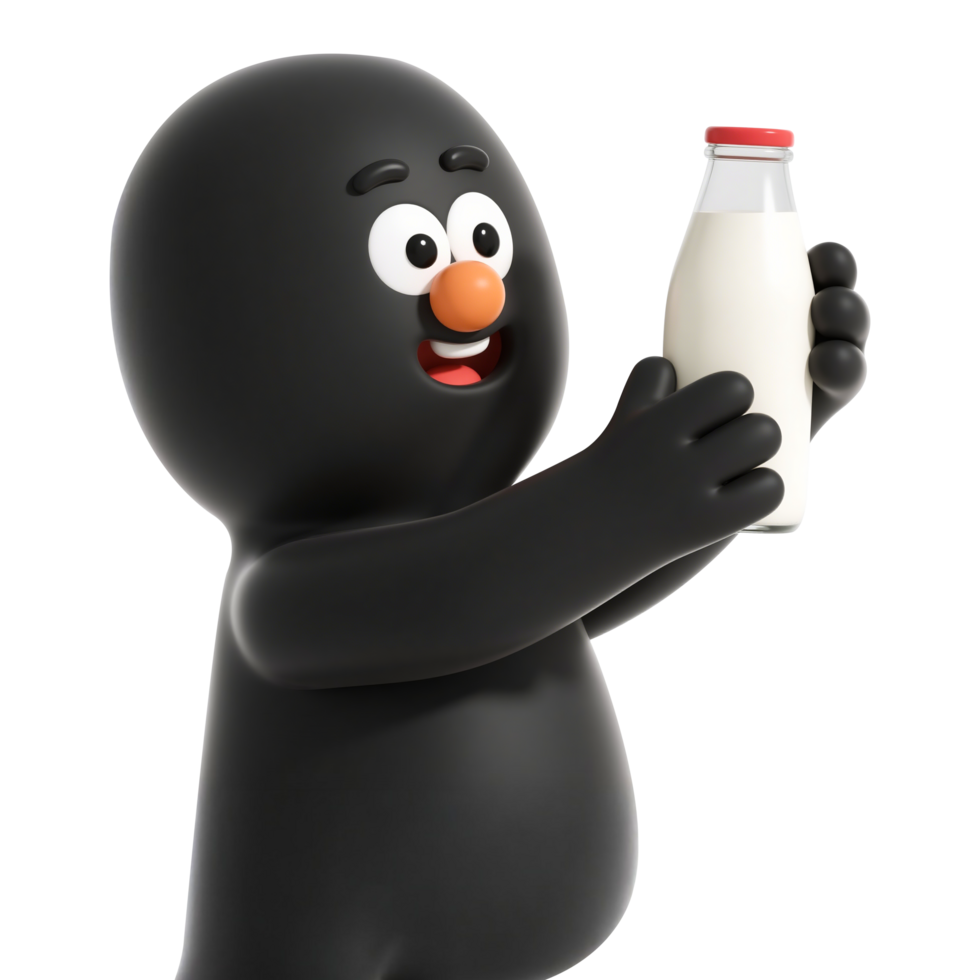 A 3D cartoon character holding a bottle of milk png