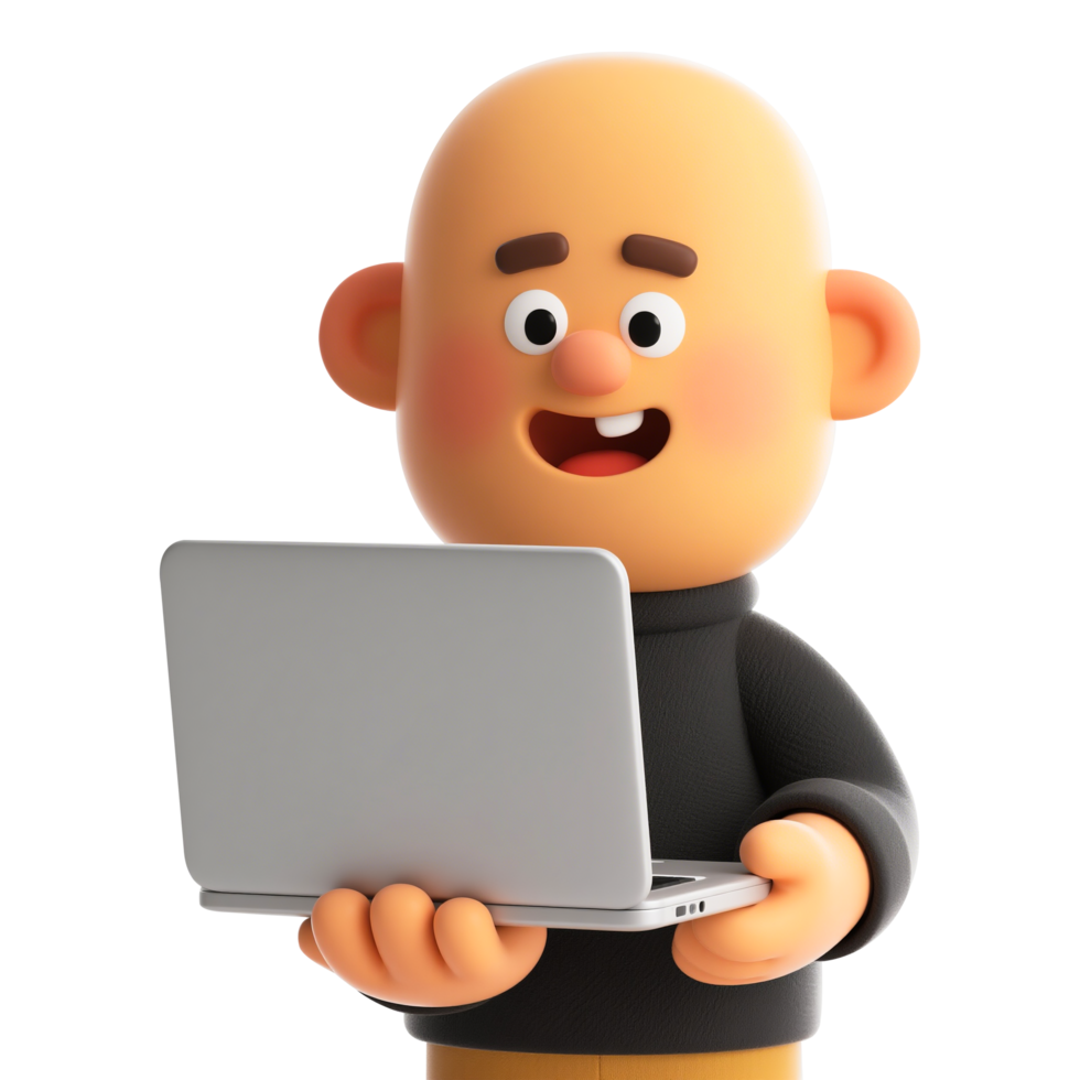 3D Cartoon Man with Laptop Working Online png