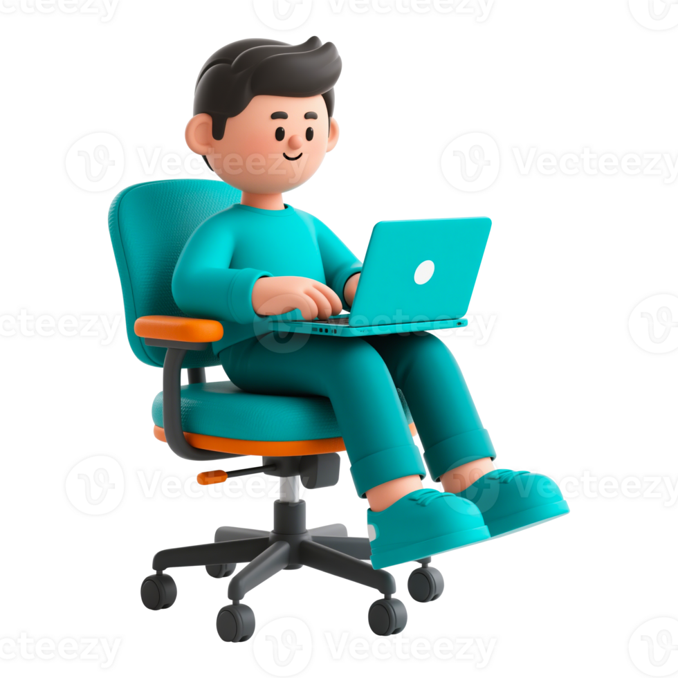 3D Cartoon Man Working on Laptop png