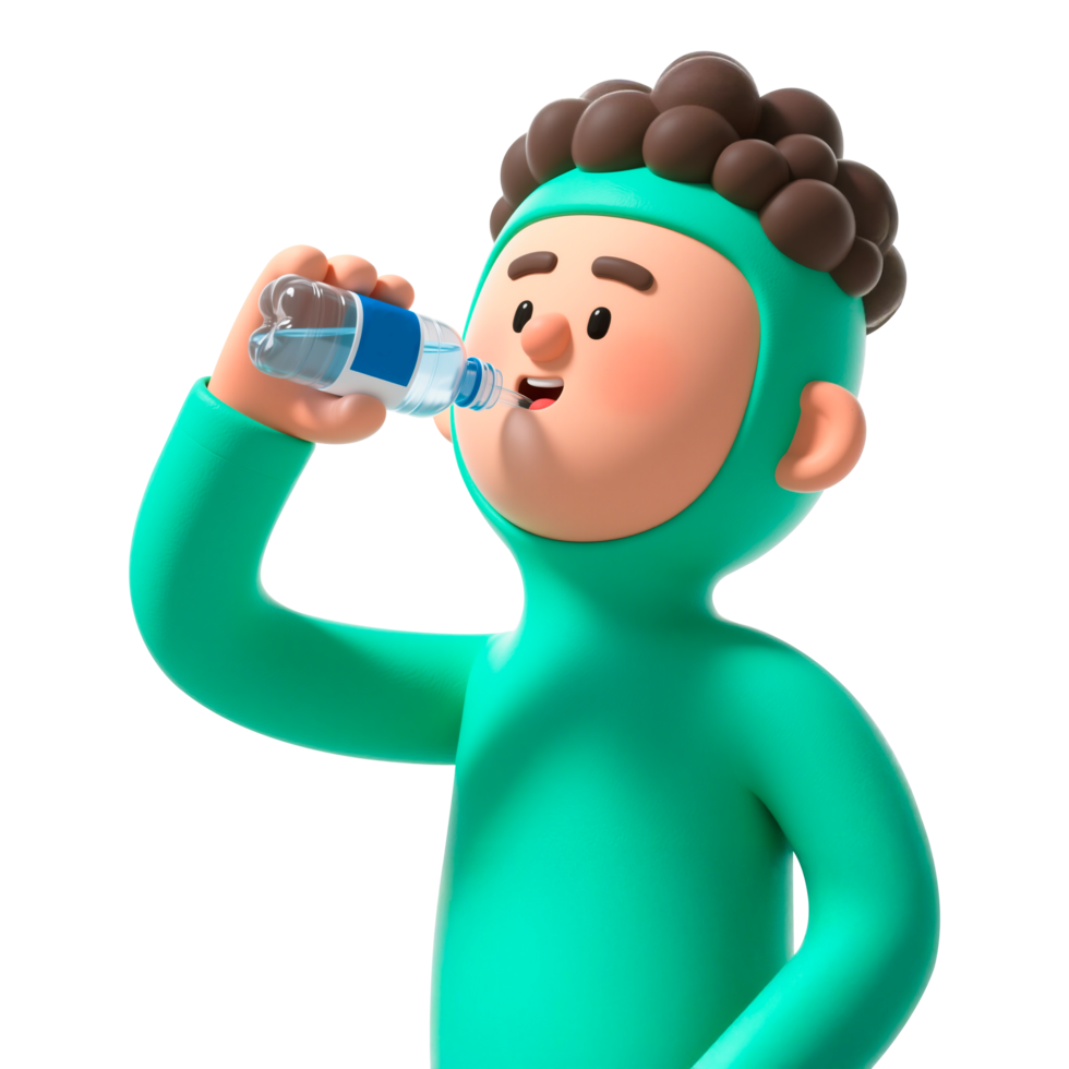 Cartoon character drinking water from a bottle png