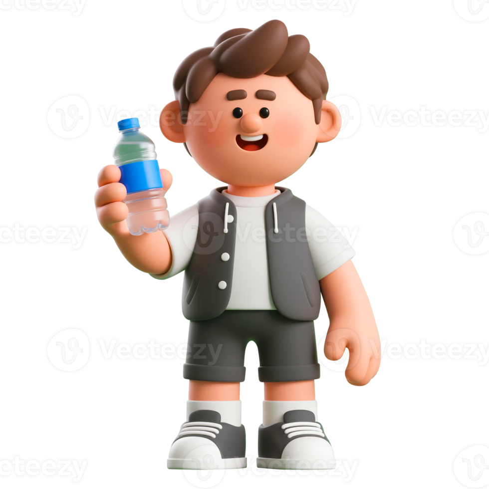 3D Cartoon Boy Holding a Water Bottle png