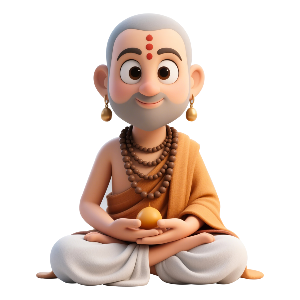 Meditating Monk in Lotus Position 3D Cartoon. Guru Purnima celebration png