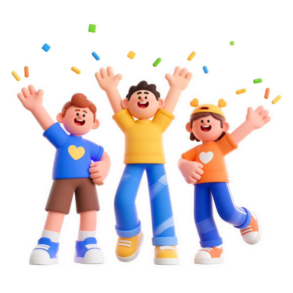 Three happy cartoon characters celebrating with confetti. Youth Day png