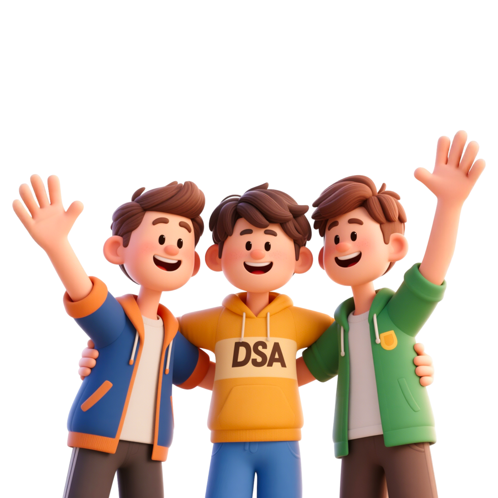 Three cheerful friends hugging and waving hello. Happy Friendship Day png