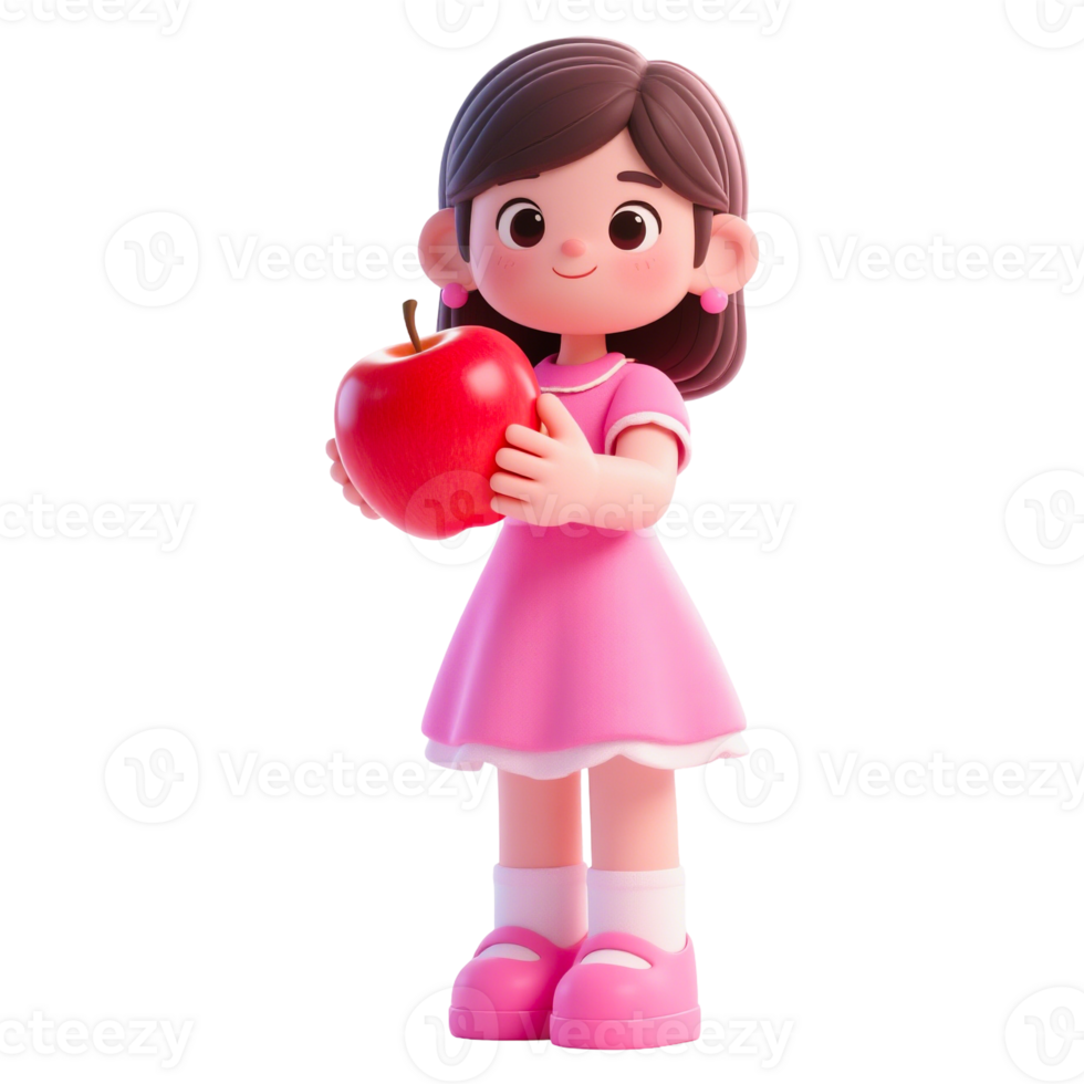 Cute 3D Cartoon Girl Holding a Red Apple png