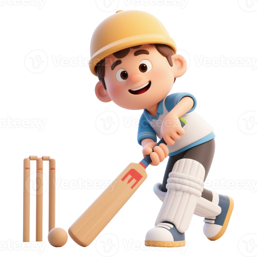 3D Cartoon Cricket Player with Bat and Ball png