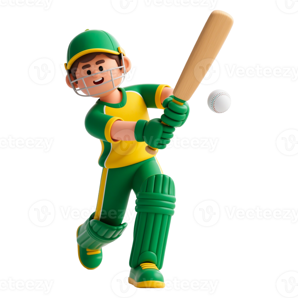 3D Cartoon green Cricket Player Hitting the Ball png