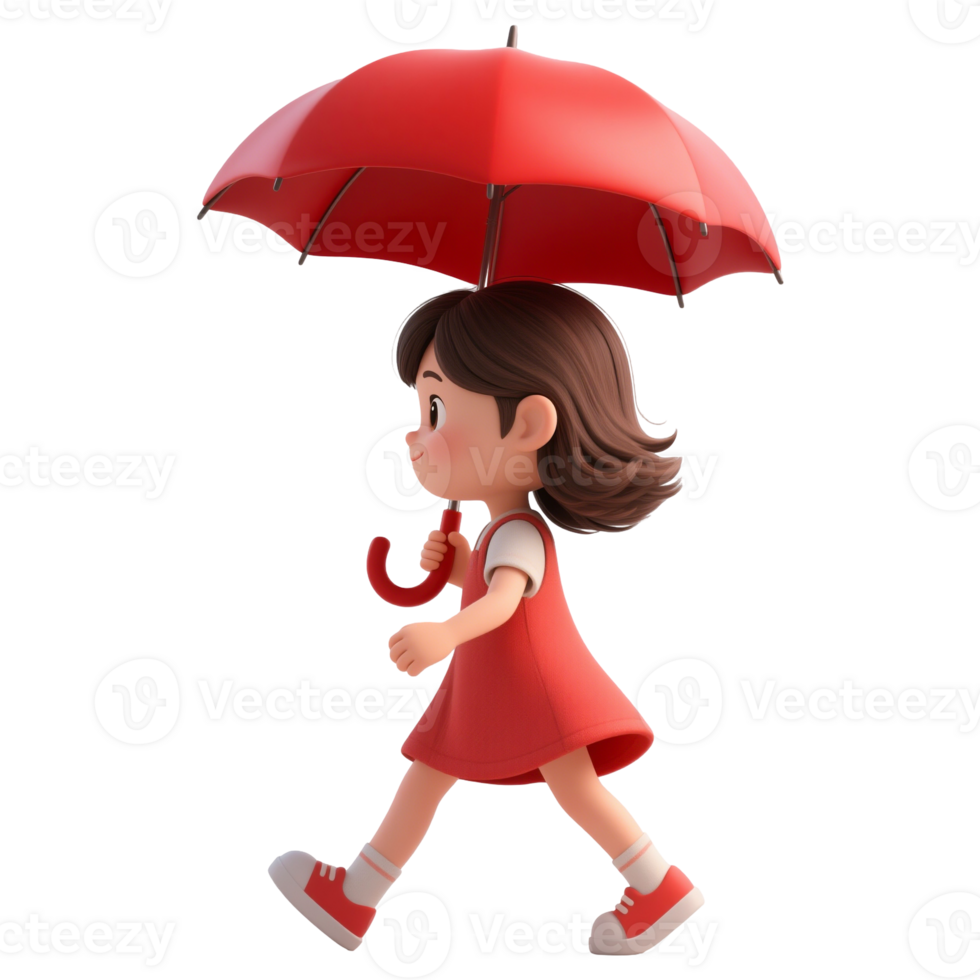 Happy cartoon girl walking with a red umbrella in the rain png