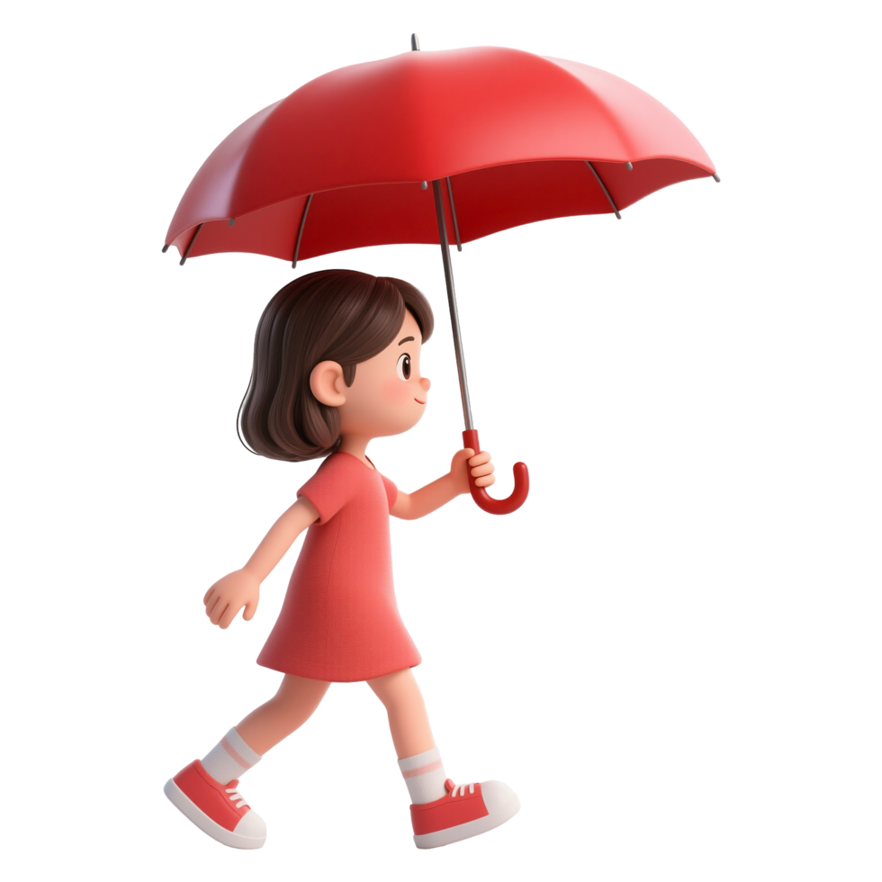A girl with a red umbrella walking in the rain. png