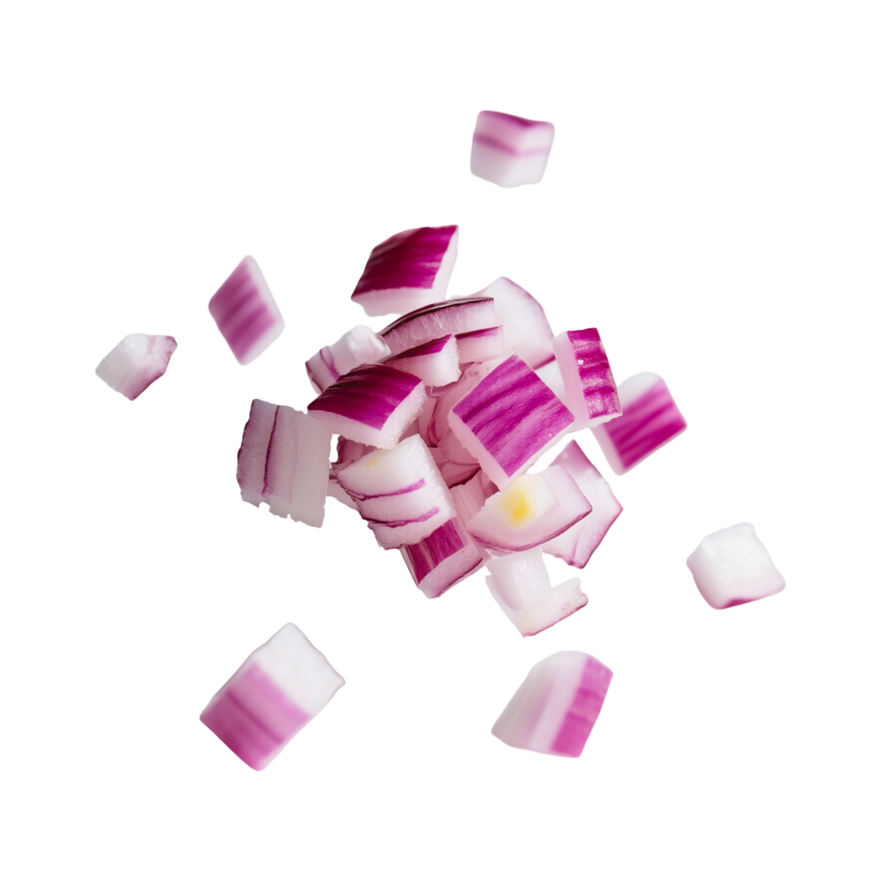 Close-up of diced red onions, perfect for cooking and culinary use. png